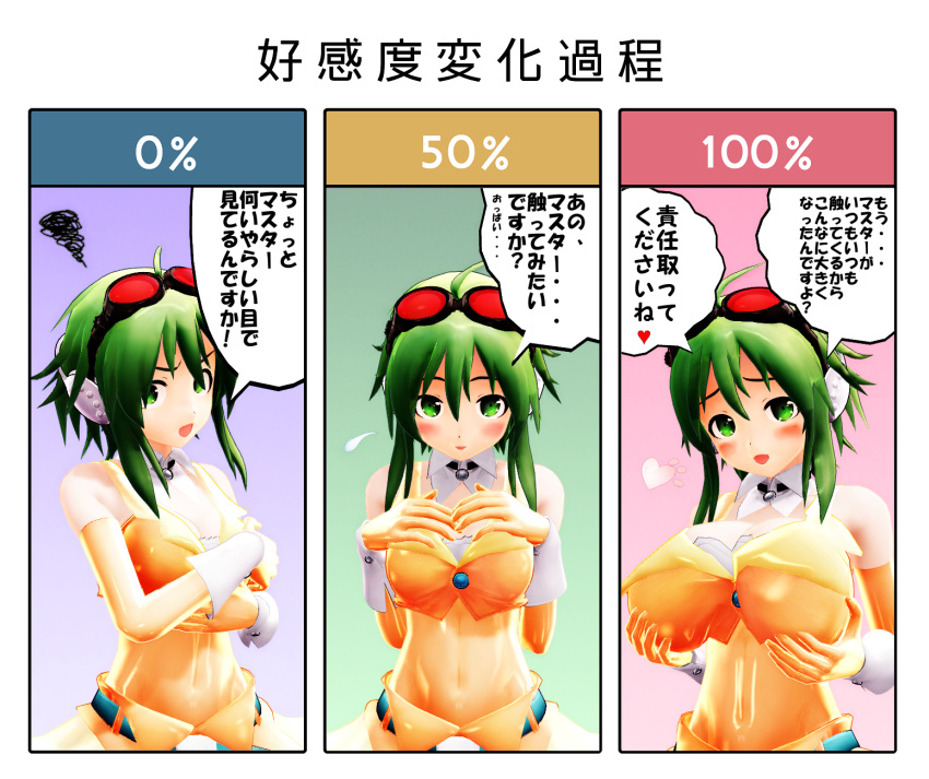 3d artist_request breasts goggles goggles_on_head gumi highres huge_breasts large_breasts mikumikudance navel translation_request vocaloid