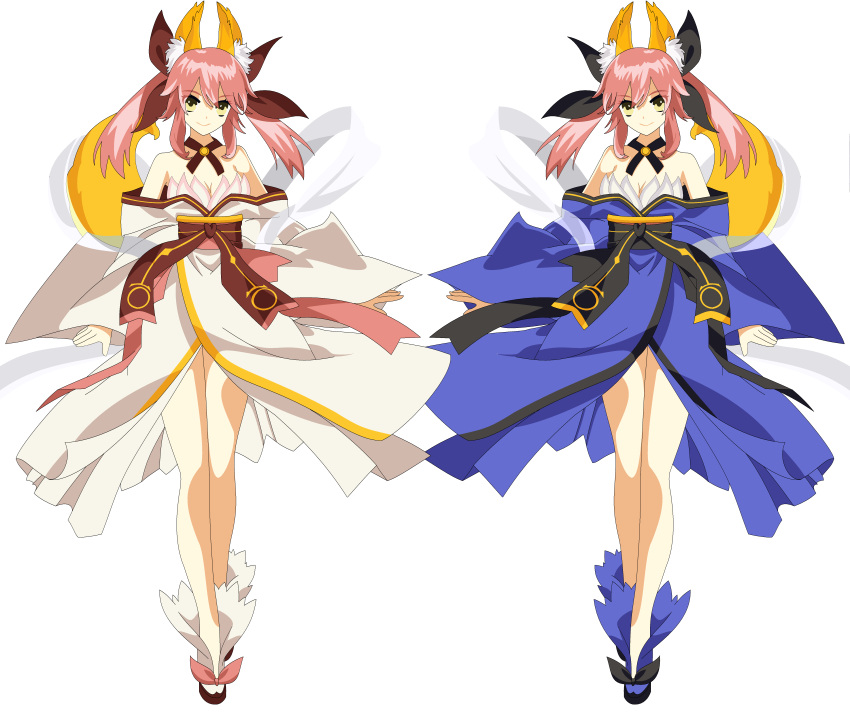 2girls absurdres alternate_color animal_ears bare_shoulders bow breasts caster_(fate/extra) cleavage date_a_live detached_sleeves fate/extra fate_(series) fox_ears fox_tail hair_bow hair_ribbon highres japanese_clothes long_hair multiple_girls pink_hair ribbon simple_background tail twintails vector_trace white_background yellow_eyes