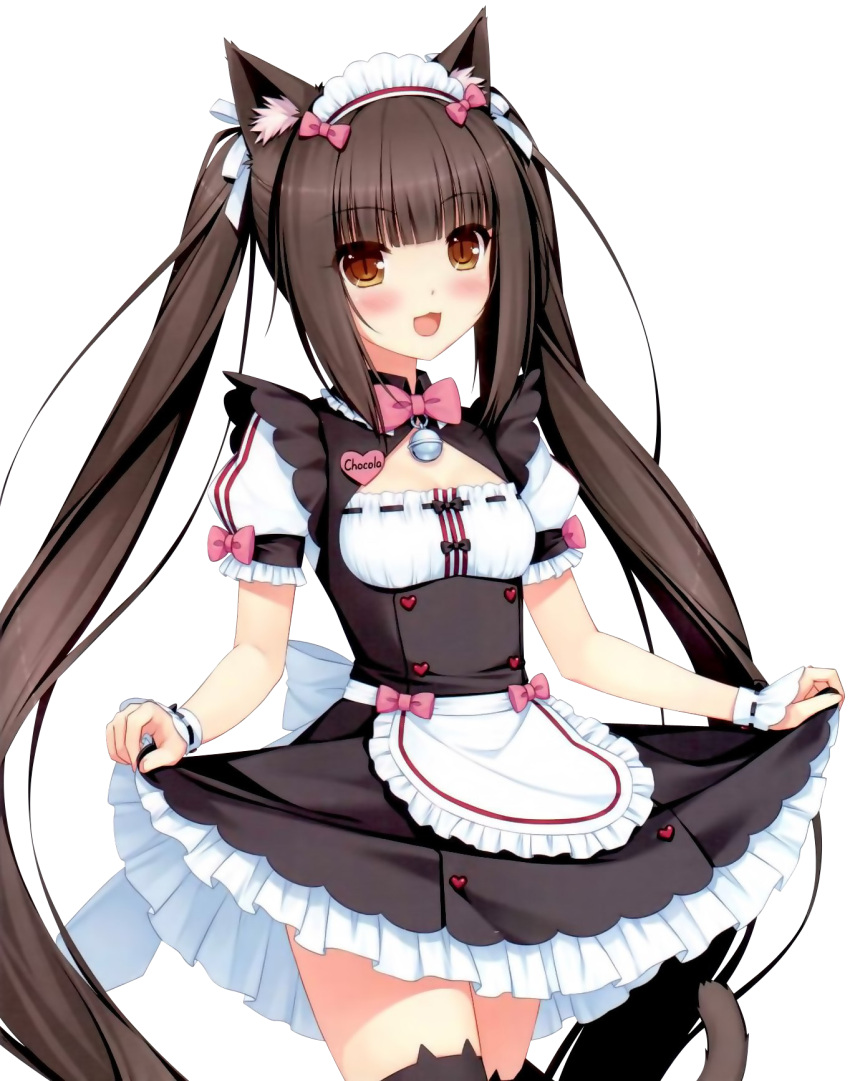 1girl animal_ears black_legwear brown_eyes brown_hair cat_ears cat_tail character_name chocola_(sayori) highres holding_skirt long_hair looking_at_viewer maid_headdress open_mouth sayori solo tail thigh-highs transparent_background twintails very_long_hair zettai_ryouiki
