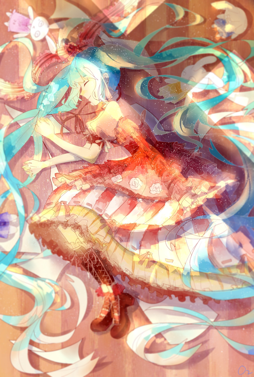 1girl artist_request blue_hair boots closed_eyes cross-laced_footwear frills hatsune_miku highres lace-up_boots long_hair lying on_side smile solo vocaloid