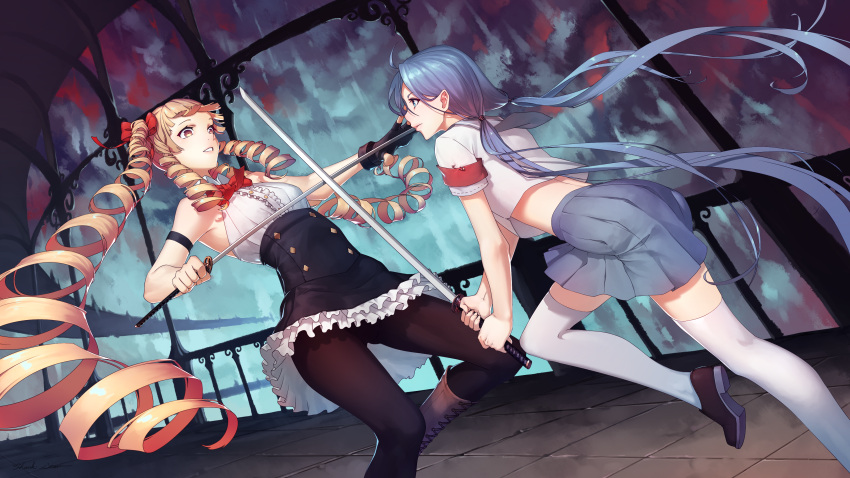 2girls absurdres armband bangs black_legwear blonde_hair blue_eyes blue_hair blue_skirt blunt_bangs boots bow bowtie cross-laced_footwear daye_bie_qia_lian drill_hair dutch_angle fighting frills hair_bow highres holding_sword holding_weapon lace-up_boots long_hair looking_at_another low_twintails multiple_girls original pants pantyhose parted_lips pleated_skirt railing red_bow safety_pin school_uniform skirt sleeveless sword thigh-highs tight tight_pants twin_drills twintails very_long_hair weapon white_blouse white_legwear yellow_eyes zettai_ryouiki