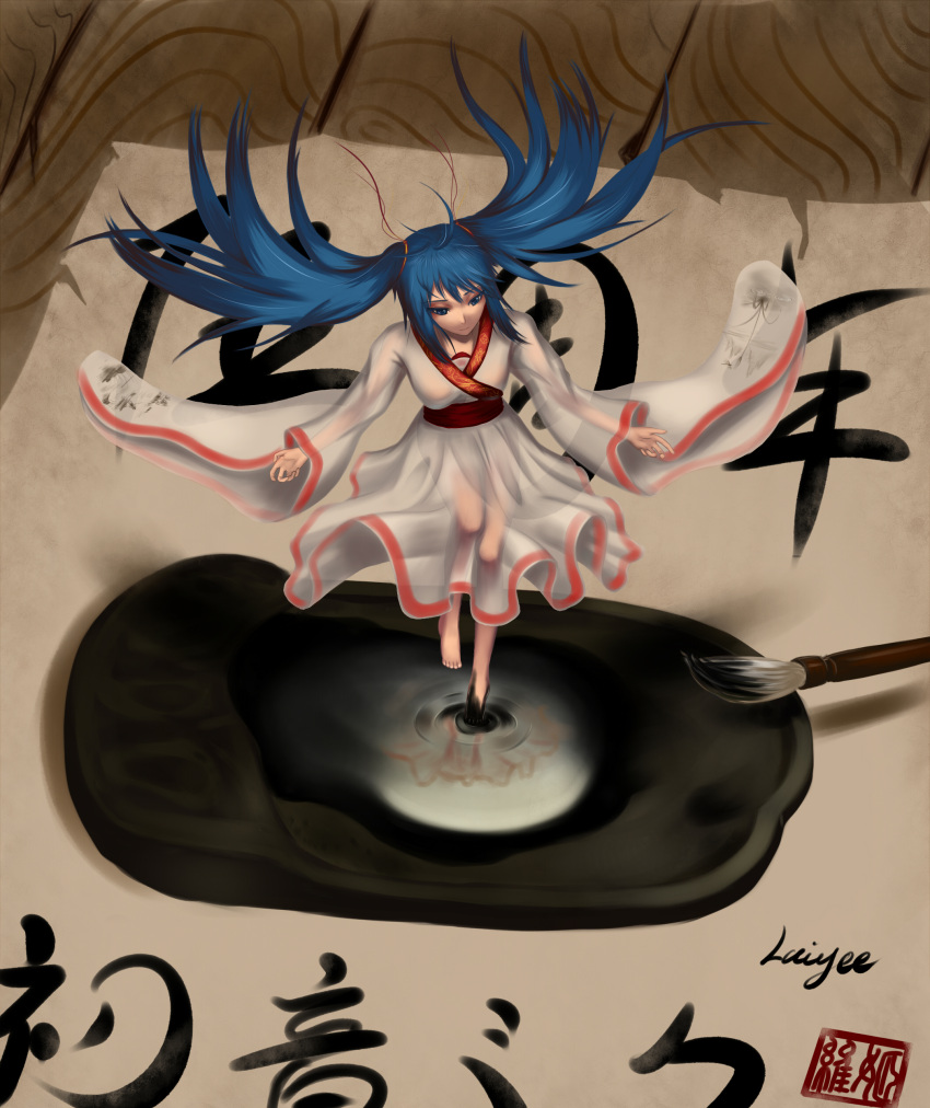 1girl absurdres blue_hair brush calligraphy_brush hatsune_miku highres ink japanese japanese_clothes long_hair oekaki_musume paintbrush solo twintails vocaloid wei_ji wooden_floor