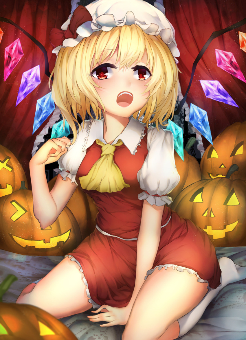 1girl :o absurdres ascot bat_wings between_thighs blonde_hair bow curtains fang flandre_scarlet frills halloween hat highres jack-o'-lantern looking_at_viewer multicolored_wings no_shoes open_mouth pumpkin red_bow red_eyes red_skirt ribbon rokukatamari short_hair side_ponytail sitting skirt skirt_set solo touhou white_legwear wings