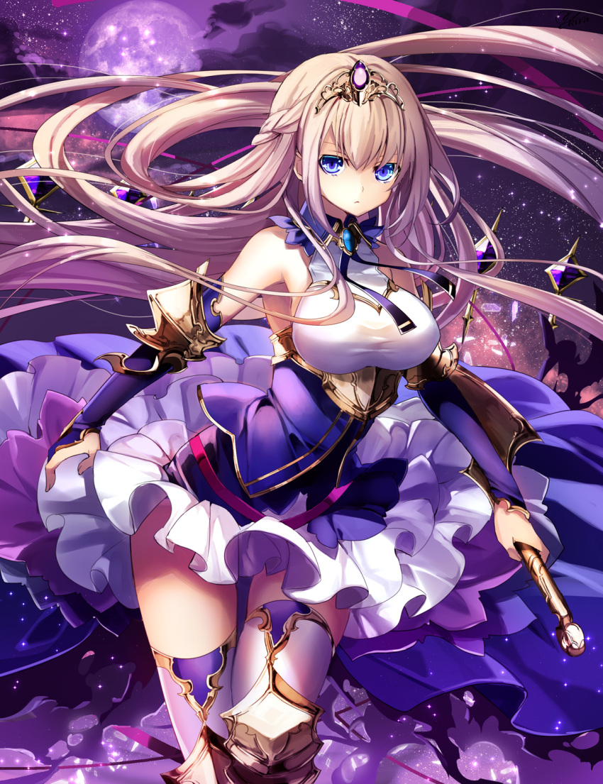 1girl armor armored_dress armpits bare_shoulders blue_eyes breasts detached_sleeves dress full_moon greaves highres large_breasts light_brown_hair long_hair looking_at_viewer moon original purple_dress sky solo star_(sky) starry_sky sword thigh-highs tiara weapon yuuki_kira