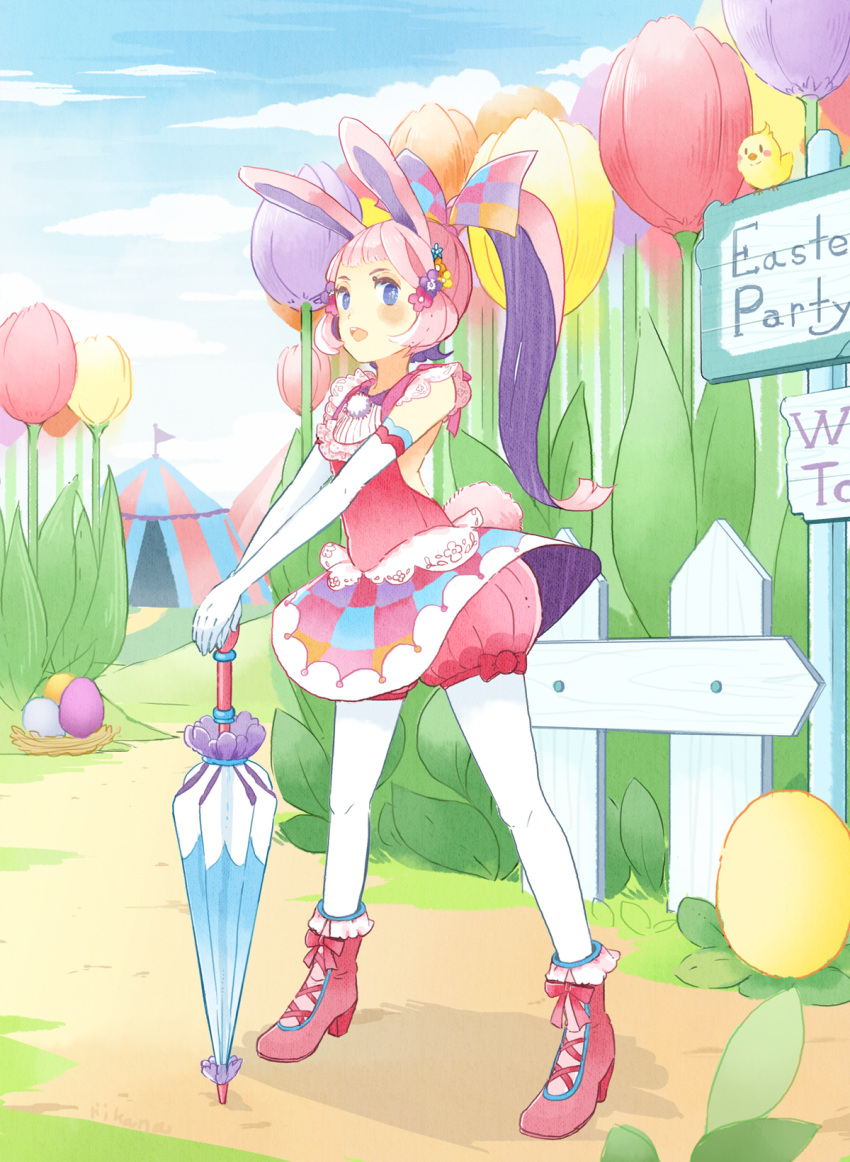 1girl animal_ears ballon bird blue_eyes bow chick egg elbow_gloves fence flower gloves hair_bow hair_flower hair_ornament high_heels highres open_mouth original picket_fence pink_hair pink_shoes rabbit_ears rikan shoes tent tulip umbrella white_gloves white_legwear wooden_fence