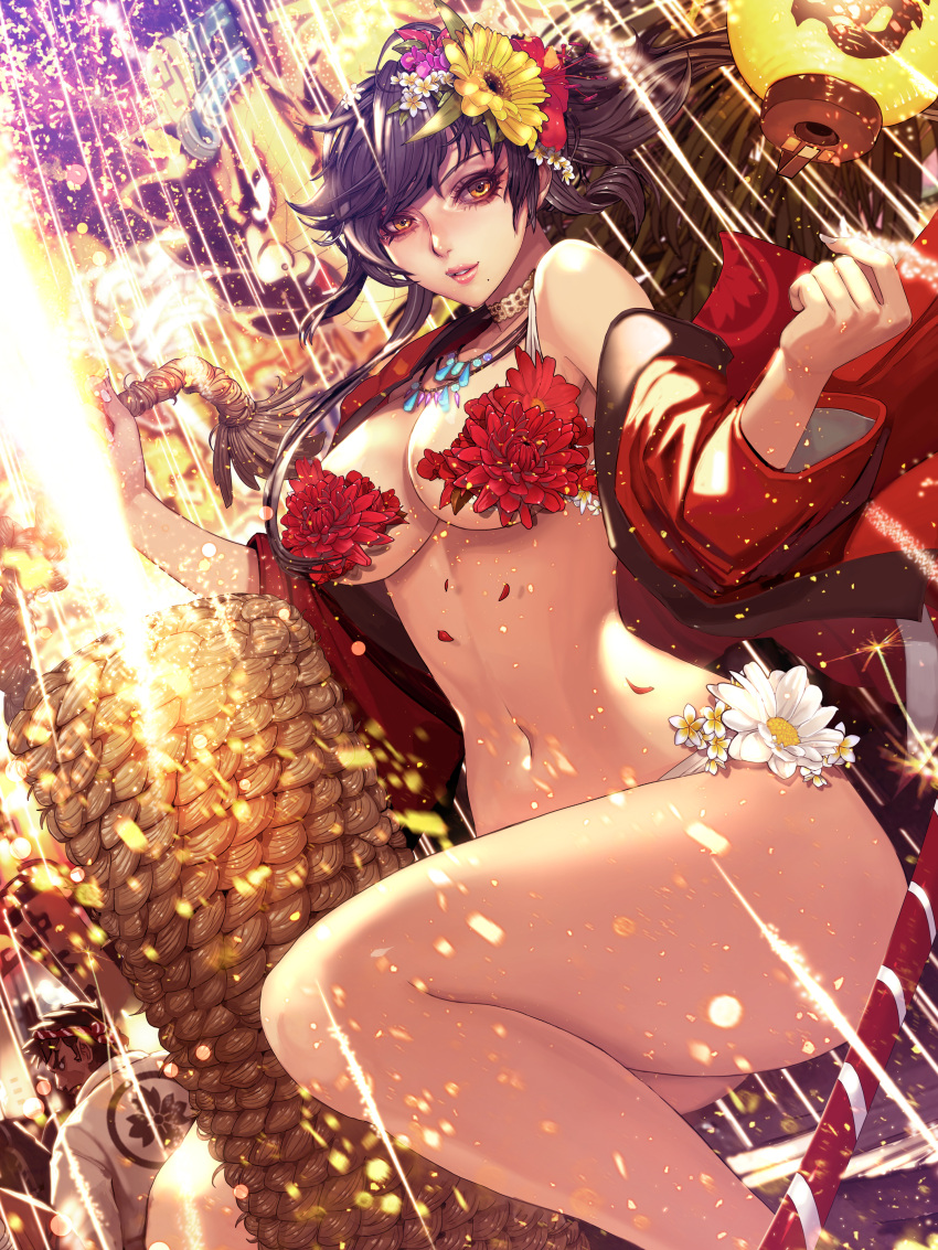 1girl absurdres breasts brown_eyes brown_hair flower furyou_michi_~gang_road~ hair_flower hair_ornament highres large_breasts light_smile lips long_hair looking_at_viewer mole navel original smile solo thighs under_boob xaxak
