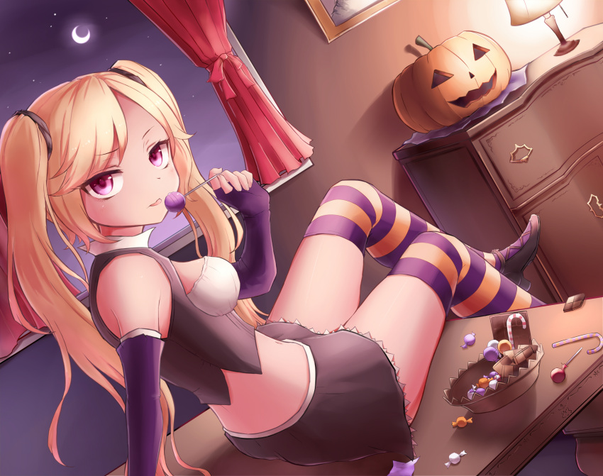 1girl :p absurdres bare_shoulders black_skirt blonde_hair breasts candy cookie crescent_moon curtains desk_lamp drawer dutch_angle elbow_gloves fingerless_gloves food gloves highres indoors lollipop midriff moon navel neit_ni_sei night night_sky original photo_(object) pink_eyes pumpkin shoes sideboob sitting_on_table skirt sky striped striped_legwear sweets thigh-highs tongue tongue_out twintails window