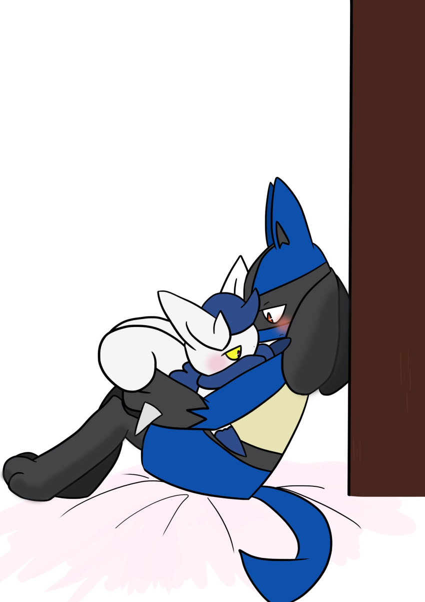 blush highres lucario meowstic no_humans pokemon pokemon_(creature) size_difference