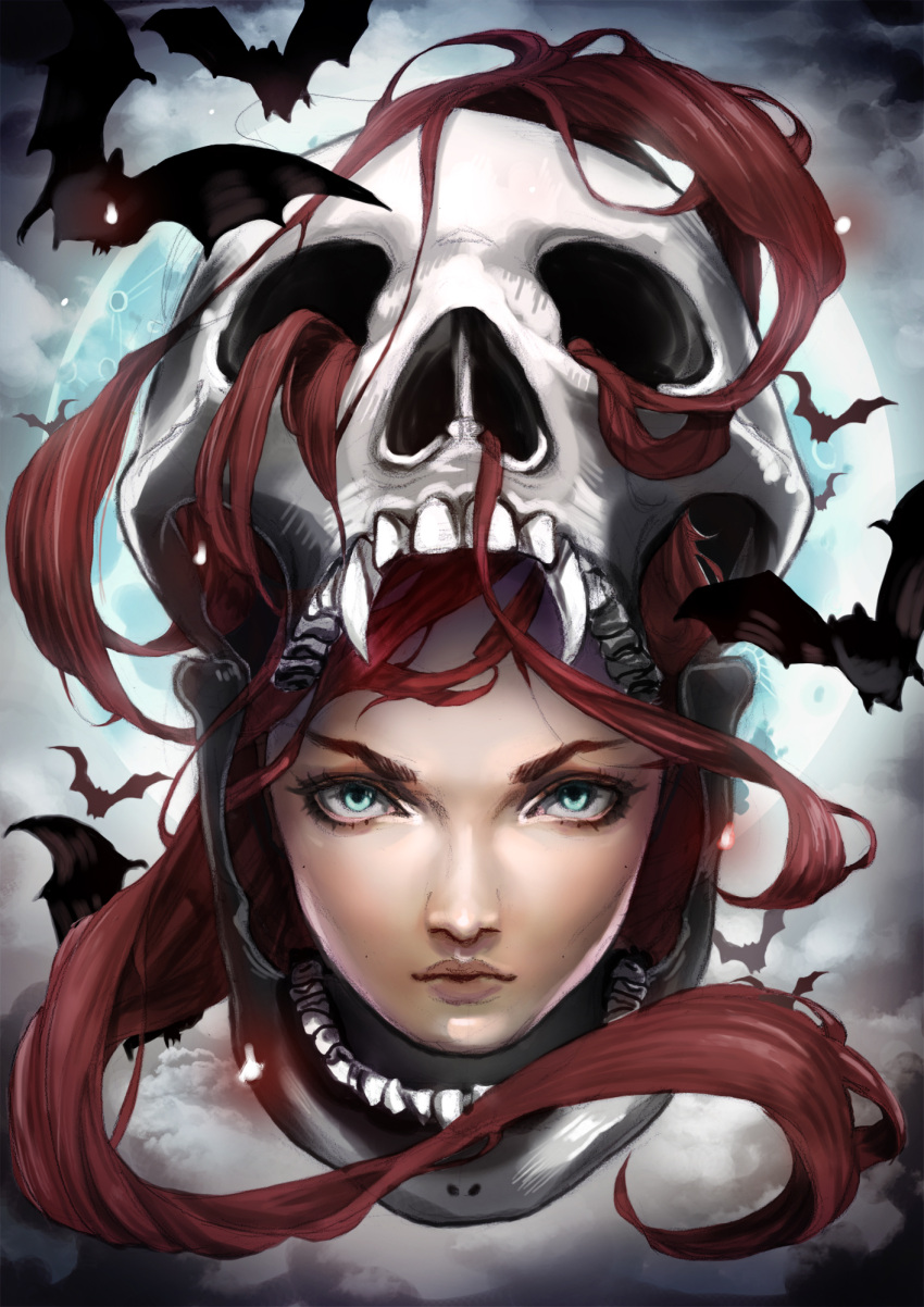 1girl bat clouds face fantasy green_eyes hair halloween helmet highres kagehana original redhead sketch skull solo