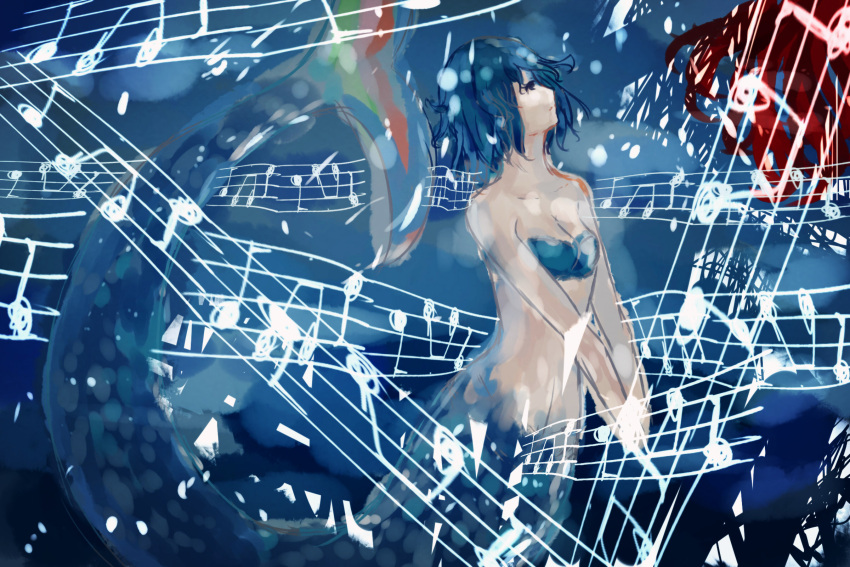 1girl bandeau blue_hair comb_(suz) fish_tail hands_together highres long_hair mahou_shoujo_madoka_magica mermaid miki_sayaka monster_girl musical_note redhead scales solo_focus underwater