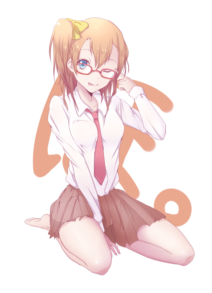 1girl barefoot bespectacled between_breasts blue_eyes bow collared_shirt finger_to_head glasses hair_bow highres kousaka_honoka long_sleeves looking_at_viewer love_live!_school_idol_project necktie necktie_between_breasts one_eye_closed orange_hair shirt side_ponytail skirt tagme tongue tongue_out