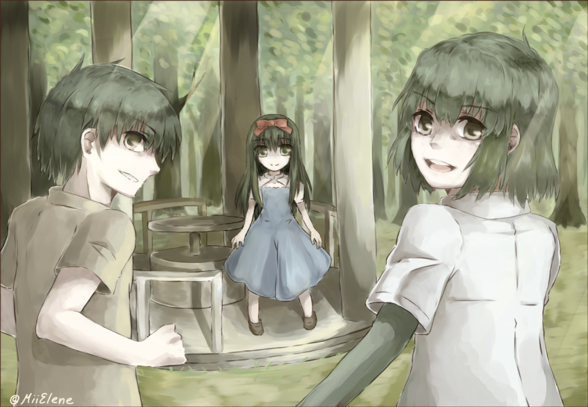 1boy 2boys black_hair bow child dress forest hair_bow looking_back mii_elene multiple_boys multiple_girls nanaya_shiki nature open_mouth short_hair smile tohno_akiha toono_shiki toono_shiki_(2) tsukihime younger