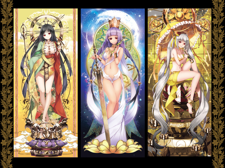 3girls bare_shoulders breasts buddhism cleavage crown hat highres long_hair looking_at_viewer multiple_girls navel original revealing_clothes smile staff sword thighs umbrella weapon yuuki_kira