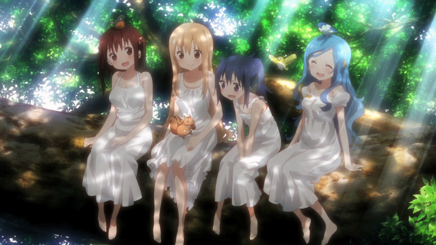 4girls bare_shoulders barefoot between_legs bird blonde_hair blue_hair blush breasts brown_eyes brown_hair closed_eyes closed_mouth collarbone doma_umaru dress ebina_nana hair_ornament hairband hand_between_legs highres himouto!_umaru-chan large_breasts laughing light_rays long_dress long_hair messy_hair motoba_kirie multiple_girls name_tag open_mouth ponytail puffy_short_sleeves puffy_sleeves purple_hair screencap short_sleeves sidelocks sitting smile squirrel tachibana_sylphynford tree tree_branch twintails violet_eyes wavy_hair wavy_mouth white_dress