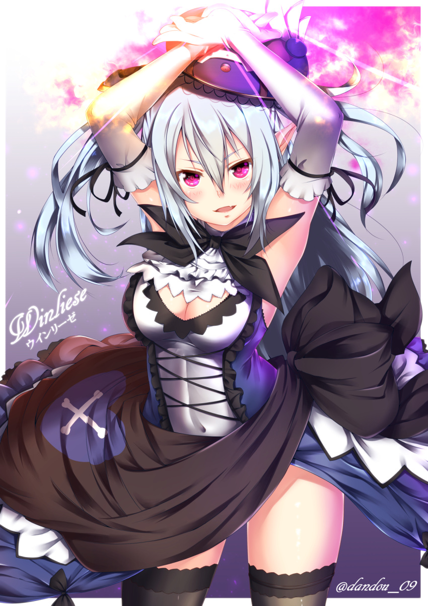 1girl arms_up black_legwear blush breasts dandou dress elbow_gloves fang gloves hat highres long_hair looking_at_viewer magic open_mouth original pink_eyes pointy_ears silver_hair sleeveless sleeveless_dress solo thigh-highs twitter_username two_side_up white_gloves