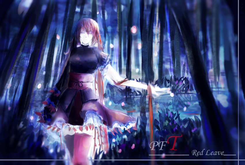1girl asymmetrical_sleeves comb_(suz) facing_viewer floating_lights forest frilled_skirt frills glowing grass highres leaning long_hair looking_at_viewer nature obi original pixiv_fantasia pixiv_fantasia_t red_legwear redhead ribbon sash skirt solo thigh-highs title tree very_long_hair wrist_ribbon