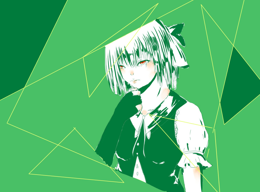 1girl bangs black_glove blunt_bangs bow comb_(suz) elbow_gloves gloves green_background hair_bow hand_on_own_chin highres konpaku_youmu limited_palette lips partly_fingerless_gloves red_eyes shapes shirt single_glove solo spot_color touhou upper_body vest white_hair white_shirt