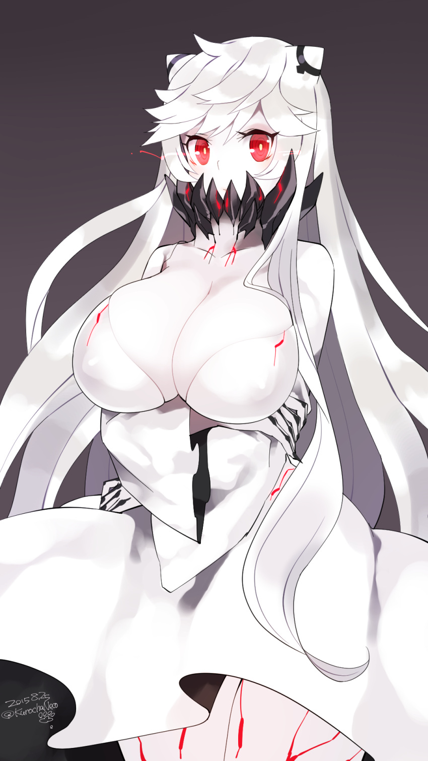 1girl black_nails breast_hold breasts cleavage collarbone crossed_arms dated dress fingernails glowing glowing_eyes gradient gradient_background highres horns kantai_collection kuro_chairo_no_neko large_breasts long_hair midway_hime nail_polish paw_print red_eyes sharp_fingernails shinkaisei-kan solo twitter_username veins very_long_hair white_dress white_hair white_skin