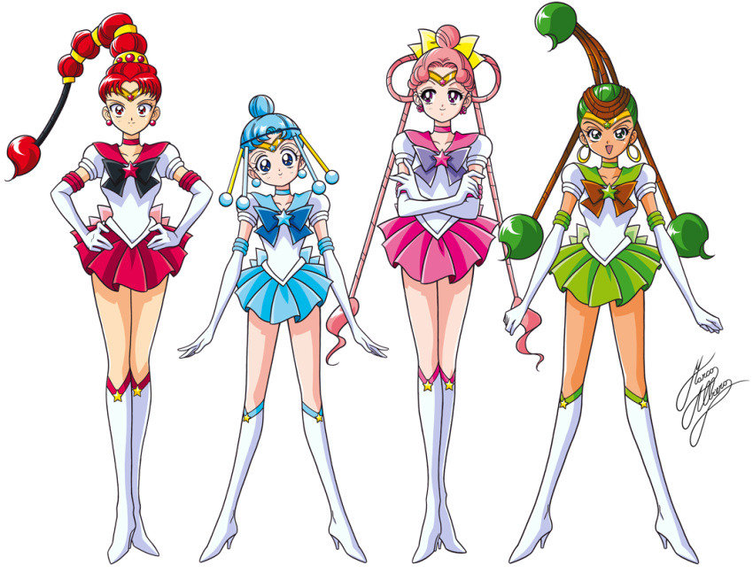 4girls bishoujo_senshi_sailor_moon black_bow blue_bow blue_eyes blue_hair blue_skirt boots bow brooch brown_bow cerecere_(sailor_moon) choker crossed_arms earrings elbow_gloves full_body gloves green_eyes green_hair green_skirt hair_bow hair_bun hair_rings hands_on_hips jewelry junjun_(sailor_moon) knee_boots long_hair magical_girl marco_albiero multi-tied_hair multiple_girls pallapalla_(sailor_moon) pink_hair pink_skirt purple_bow red_eyes red_skirt redhead sailor_ceres sailor_collar sailor_juno sailor_pallas sailor_vesta short_hair signature skirt smile standing tan tiara twintails vesves_(sailor_moon) white_background white_boots white_gloves yellow_bow
