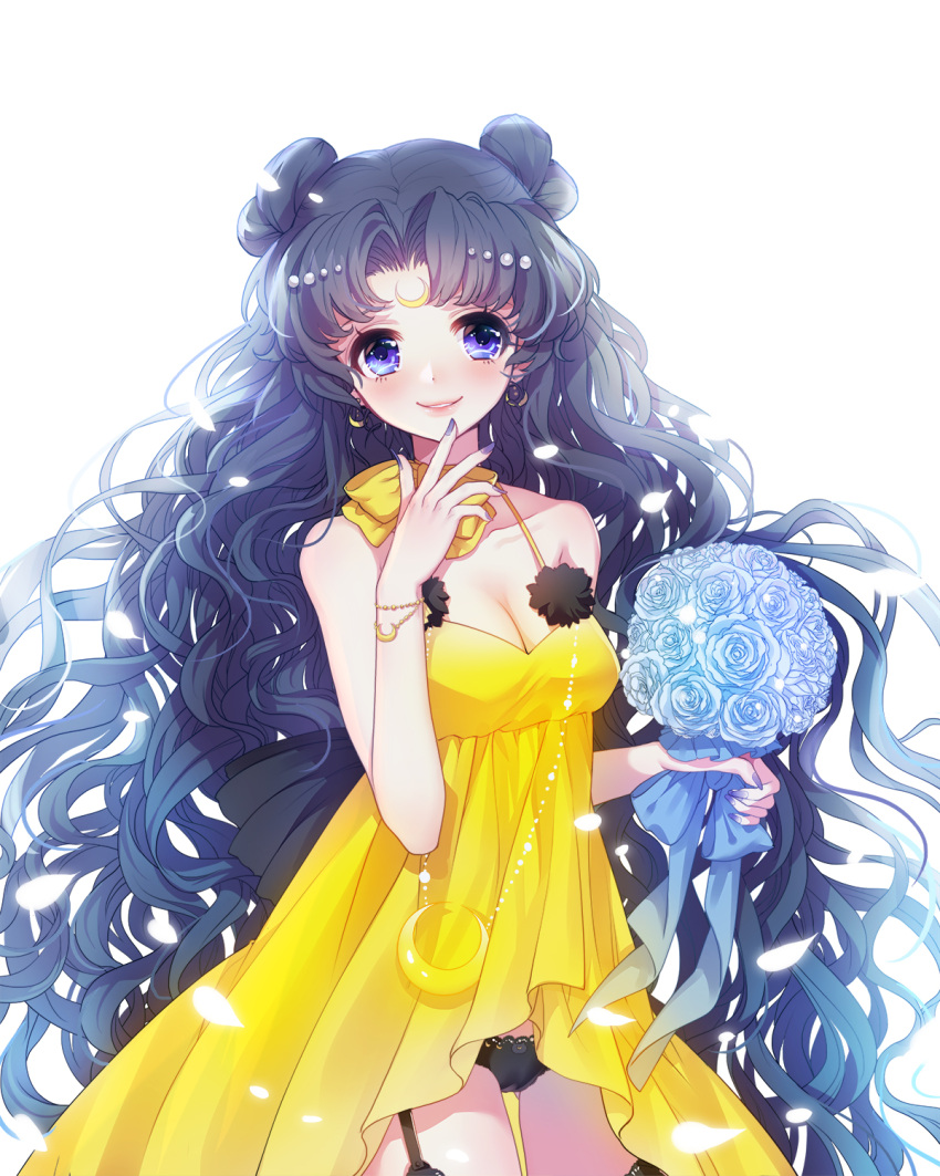 1girl bishoujo_senshi_sailor_moon black_hair black_panties blue_eyes bouquet bow bracelet cowboy_shot crescent crescent_earrings earrings facial_mark flower forehead_mark hair_bun hair_ornament hairpin highres jewelry long_hair luna_(sailor_moon) luna_(sailor_moon)_(human) miemia nail_polish panties pantyshot pantyshot_(standing) personification purple_nails skirt smile solo standing thigh_strap underwear white_background yellow_bow yellow_skirt