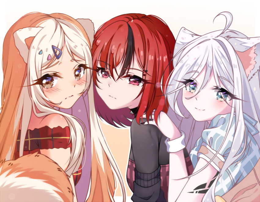 3girls ;; animal_ears bangs black_hair black_nails blue_eyes blush bracelet breast_press breasts brown_eyes cat_ears cat_girl dog_ears dog_girl embarrassed hair_ornament hairclip hands_on_another's_shoulder highres jewelry leaning_forward medium_breasts multicolored_hair multiple_girls off-shoulder_shirt off_shoulder orange_hair original red_eyes shirt smile streaked_hair symbol_commentary white_hair