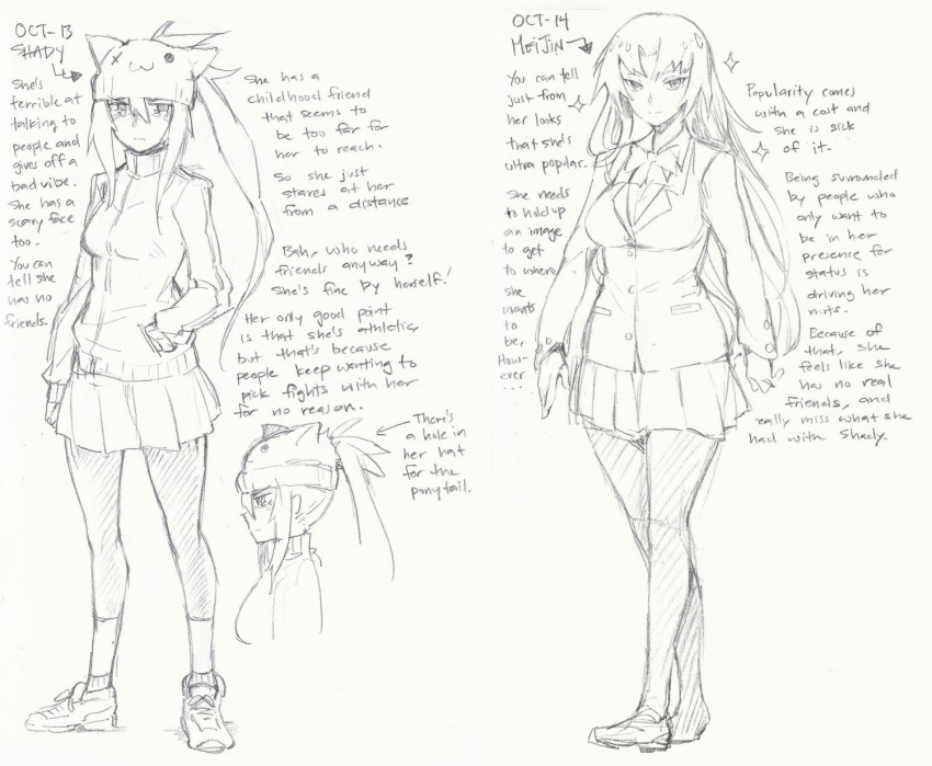 2girls animal_hat blazer breasts cat_hat character_name character_profile curvy english frown gebyy-terar glaring hand_in_pocket hat highres large_breasts long_hair long_sideburns monochrome multiple_girls original pantyhose ponytail school_uniform shoes sketch sneakers sparkle tagme track_jacket traditional_media