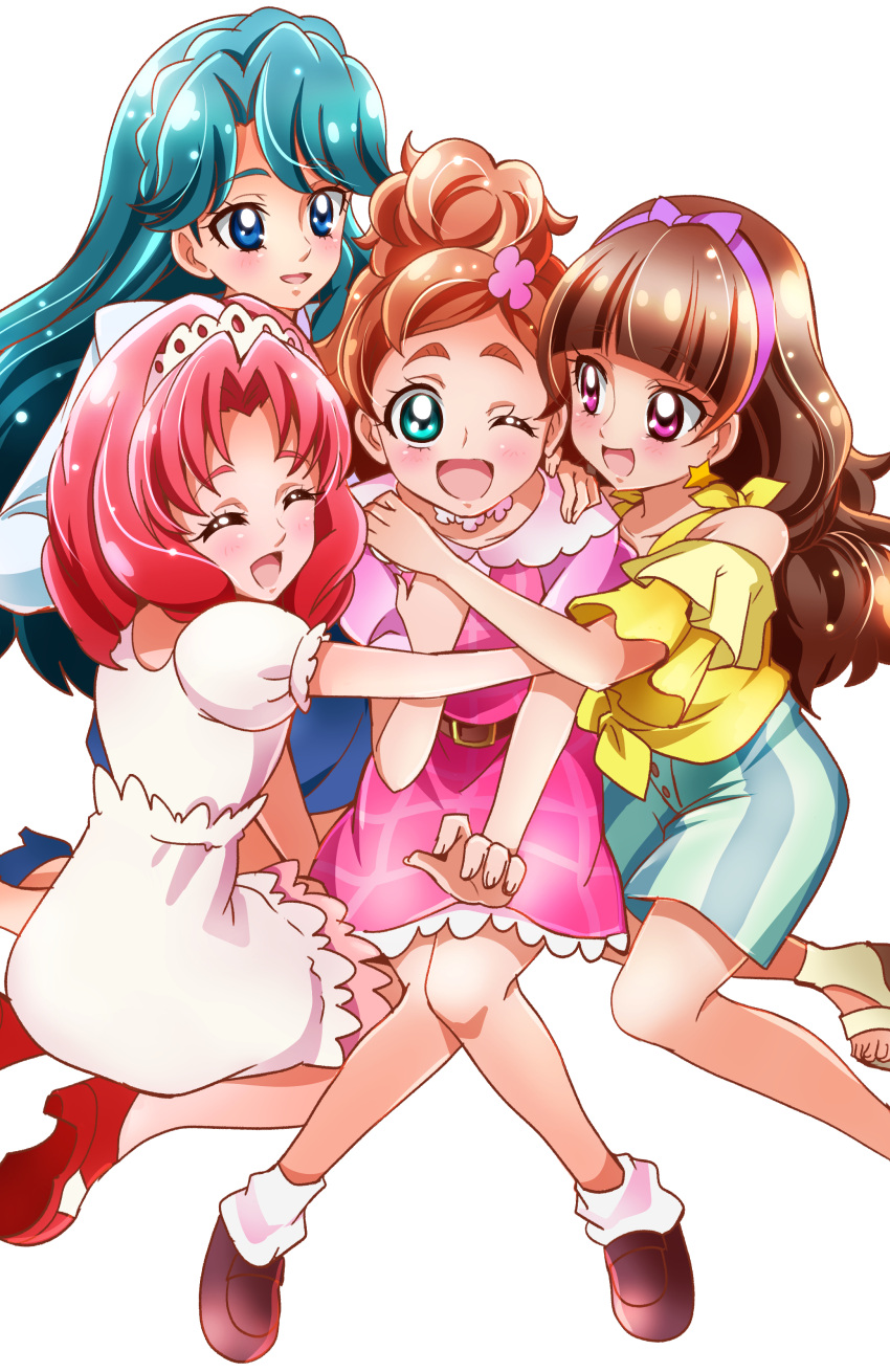 4girls ;d absurdres akagi_towa amanogawa_kirara aqua_eyes bangs blue_eyes blue_hair blush brown_hair closed_eyes go!_princess_precure hairband haruno_haruka highres kaidou_minami long_hair multiple_girls one_eye_closed open_mouth parted_bangs pink_skirt precure redhead sandals sharumon shoes short_hair shorts skirt smile violet_eyes white_background white_skirt