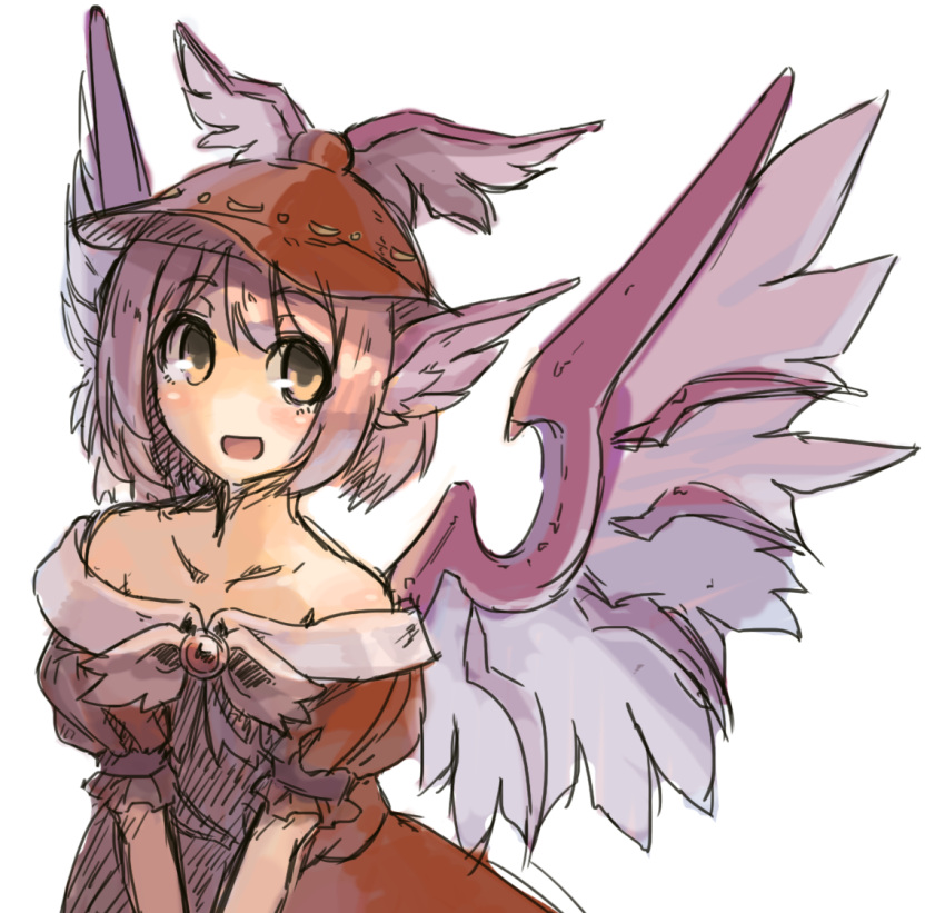 1girl :d adapted_costume animal_ears arm_garter bare_shoulders brown_dress dress fran_(tukihashi) mystia_lorelei no_nose open_mouth pink_hair puffy_short_sleeves puffy_sleeves short_hair short_sleeves smile solo touhou v_arms white_background winged_hat wings yellow_eyes