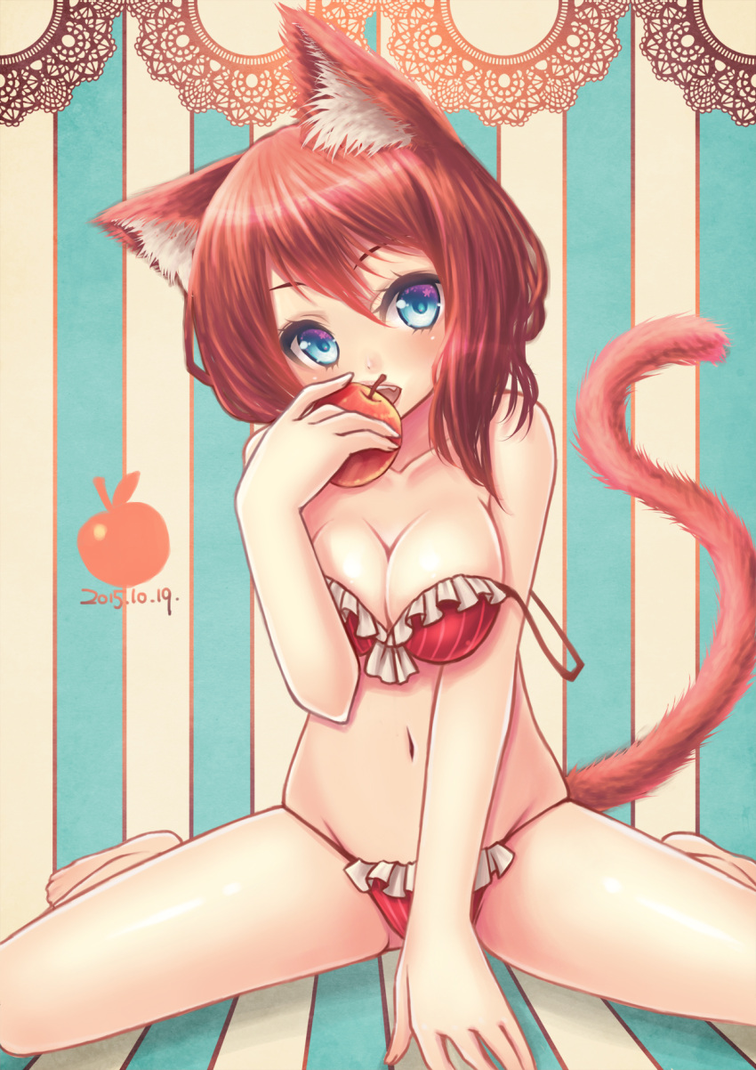 1girl 2015 animal_ears apple bangs bare_legs barefoot between_legs bikini blue_eyes blush breast_squeeze breasts cat_ears cat_tail cleavage collarbone dated food frilled_bikini frills fruit hand_between_legs head_tilt highres holding holding_fruit looking_at_viewer miyamae_porin navel open_mouth original red_bikini redhead short_hair sitting smile solo spread_legs strap_slip striped striped_background swimsuit tail vertical-striped_background vertical_stripes wariza