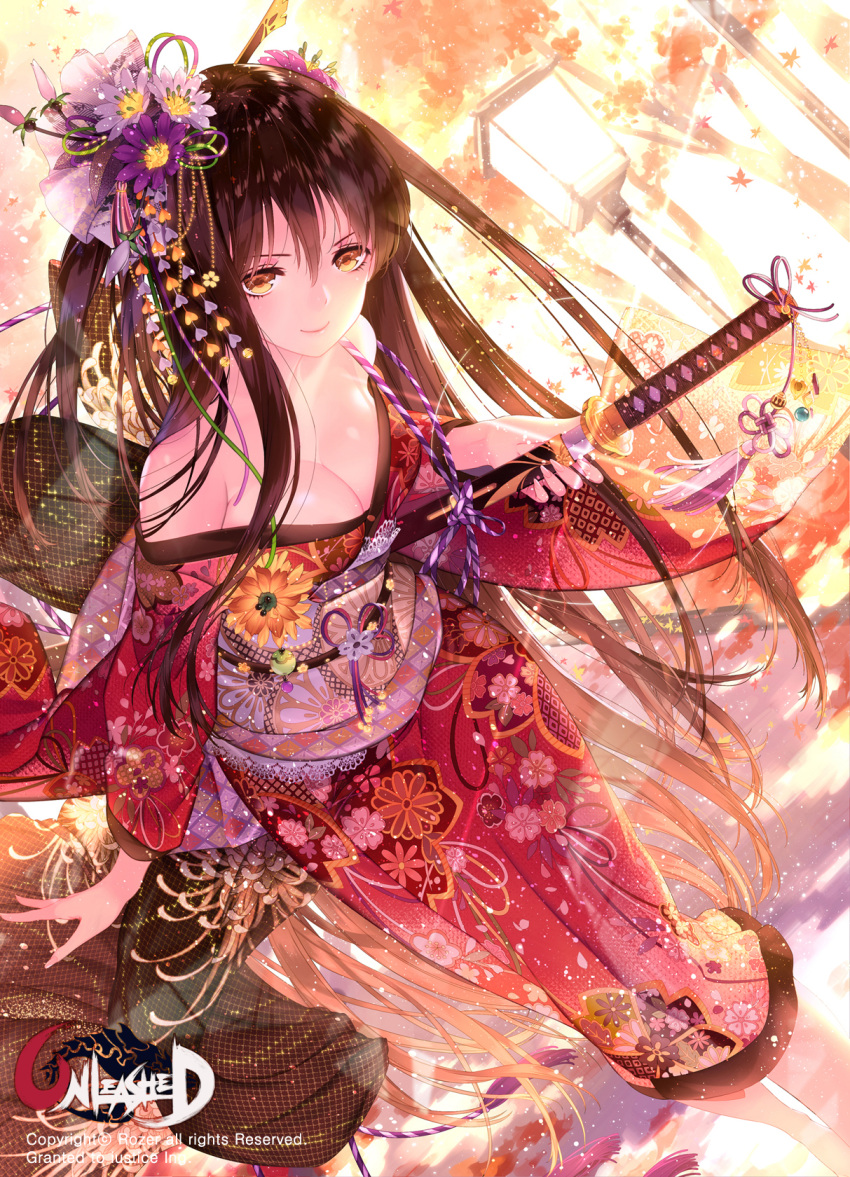 1girl autumn autumn_leaves bangs bare_shoulders barefoot breasts brown_hair cleavage closed_mouth copyright_name dutch_angle falling_leaves floral_print flower hair_flower hair_ornament hair_stick heart highres holding_sword holding_weapon japanese_clothes katana lamppost lens_flare long_hair looking_at_viewer no_bra off_shoulder print_kimono rope rozer smile solo sword text tree unleashed very_long_hair weapon yellow_eyes