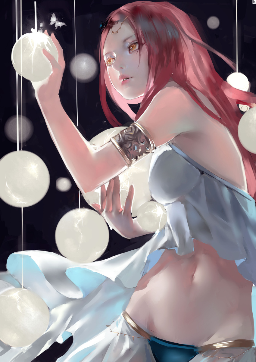 1girl absurdres arm_strap breasts butterfly hair_ornament highres holding jewelry kamachi_kamachi-ko lips long_hair midriff navel original parted_lips redhead skirt solo yellow_eyes