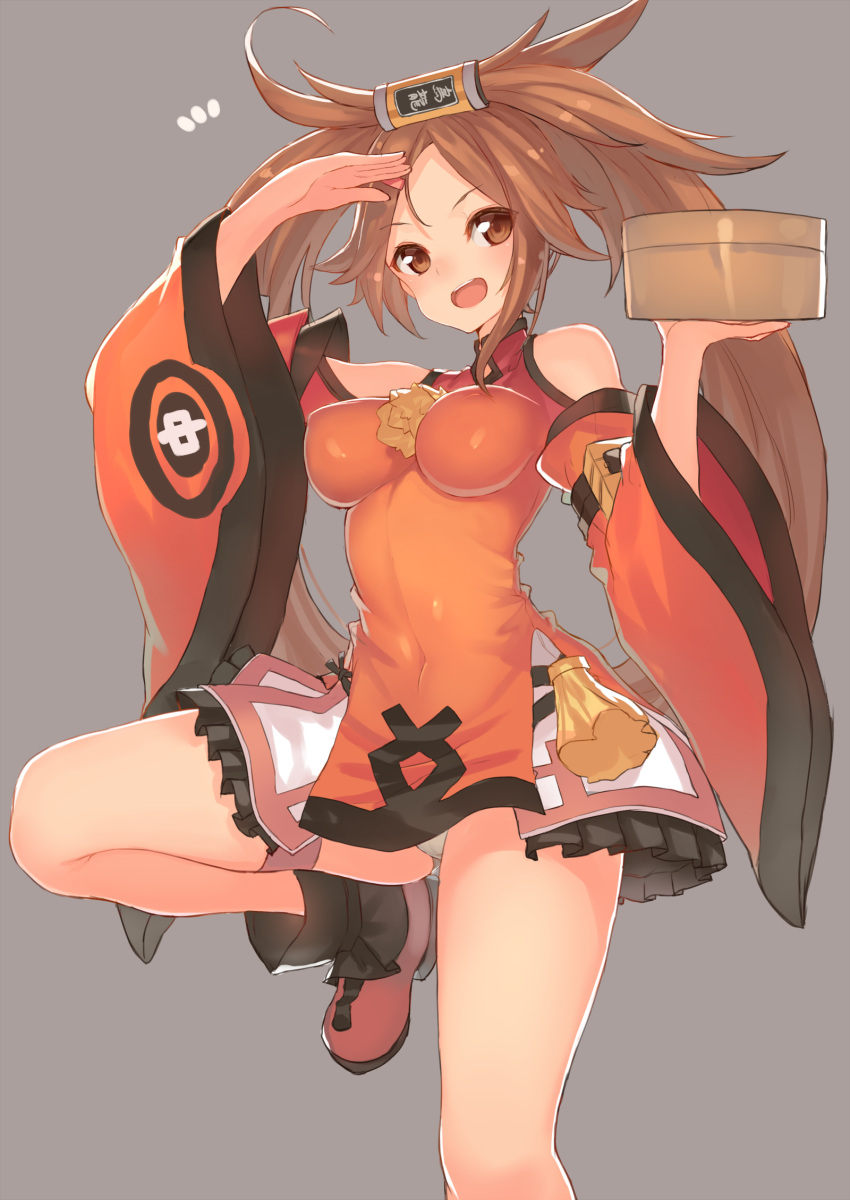 1girl arm_up bamboo_steamer bare_shoulders blush breasts brown_eyes brown_hair china_dress chinese_clothes detached_sleeves guilty_gear guilty_gear_xrd hair_ring hair_tubes highres kame^^ kuradoberi_jam large_breasts leg_up long_hair open_mouth panties salute skirt smile solo standing_on_one_leg twintails underwear very_long_hair white_panties wide_sleeves