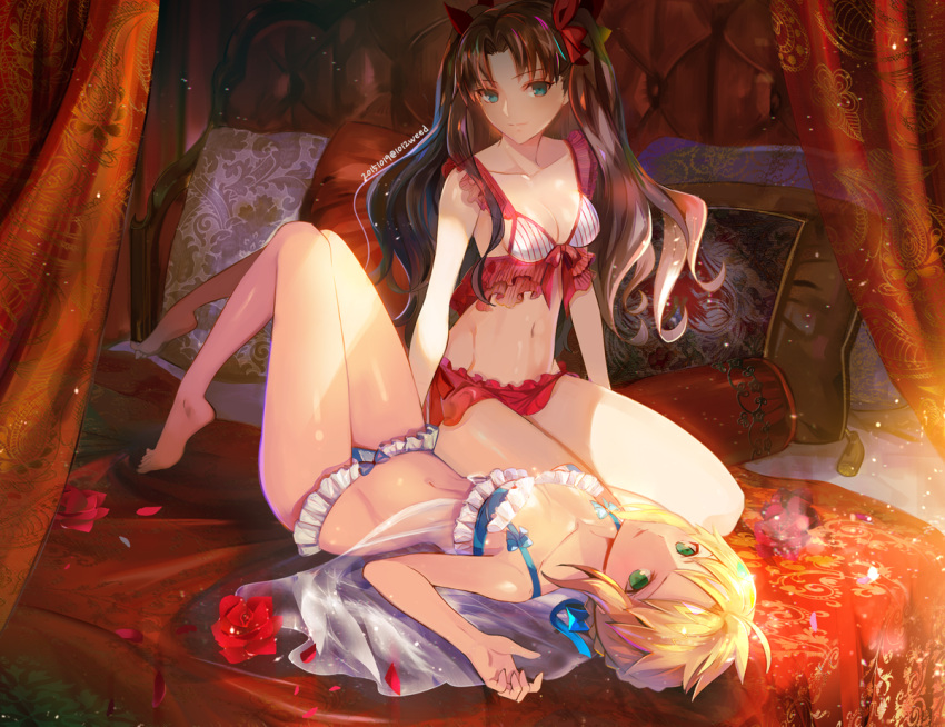 2015 2girls aqua_eyes astarone babydoll bangs barefoot bed blanket blonde_hair blue_bow blue_ribbon bow bra breasts brown_hair cleavage curtains dated fate/stay_night fate_(series) flower frilled_bra frilled_panties frills green_eyes hair_bow lingerie long_hair looking_at_viewer lying multiple_girls navel on_back panties pillow print_pillow red_bow red_flower red_panties red_rose ribbon rose saber sitting striped striped_bra text toosaka_rin two_side_up underwear underwear_only white_bra white_panties