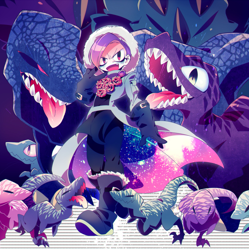 1boy black_gloves boots dinosaur doctor_ferdinand fang flower full_body gloves highres hood jojo_no_kimyou_na_bouken male_focus open_mouth purple_hair red_eyes rose scary_monsters_(stand) sharp_teeth sizma smile stand_(jojo) steel_ball_run tongue tongue_out