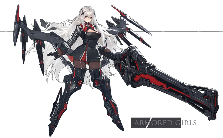 1girl albino armor black_dress black_gloves black_legwear boots breasts cleavage cleavage_cutout dress gloves highres huge_weapon kishiyo large_breasts long_hair looking_at_viewer mecha_musume mechanical_wings metal_boots original pantyhose red_eyes revision silver_hair smile solo tachi-e thigh-highs thigh_boots very_long_hair weapon white_hair wings