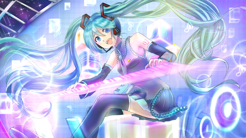 aqua_hair blue_eyes detached_sleeves hair_ornament hatsune_miku headset highres instrument keyboard_(instrument) long_hair miniskirt miturousoku musical_note necktie open_mouth playing_instrument pleated_skirt skirt smile sparkle tattoo twintails very_long_hair vocaloid
