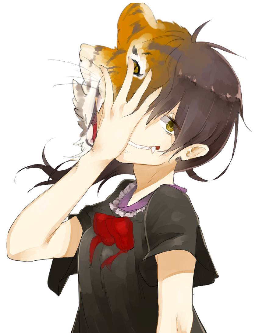 1girl black_hair dress fang grin hand_on_own_face highres houjuu_nue looking_at_viewer satoukouki short_hair simple_background slit_pupils smile solo tiger touhou white_background yellow_eyes