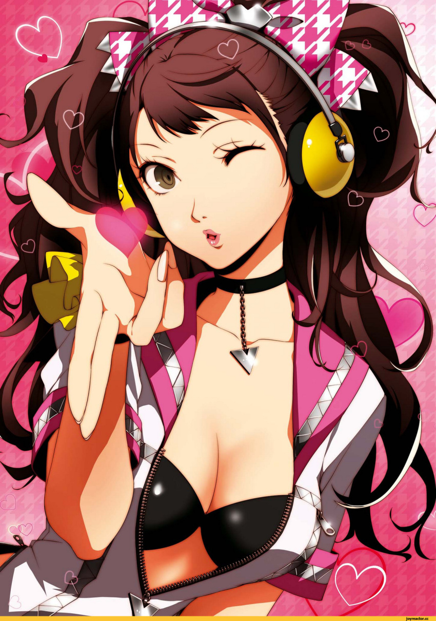 1girl artist_request black_swimsuit bow breasts brown_eyes brown_hair cleavage hair_bow headphones heart highres kujikawa_rise long_hair nail_polish official_art one_eye_closed persona persona_4 persona_4:_dancing_all_night pink_background swimsuit twintails