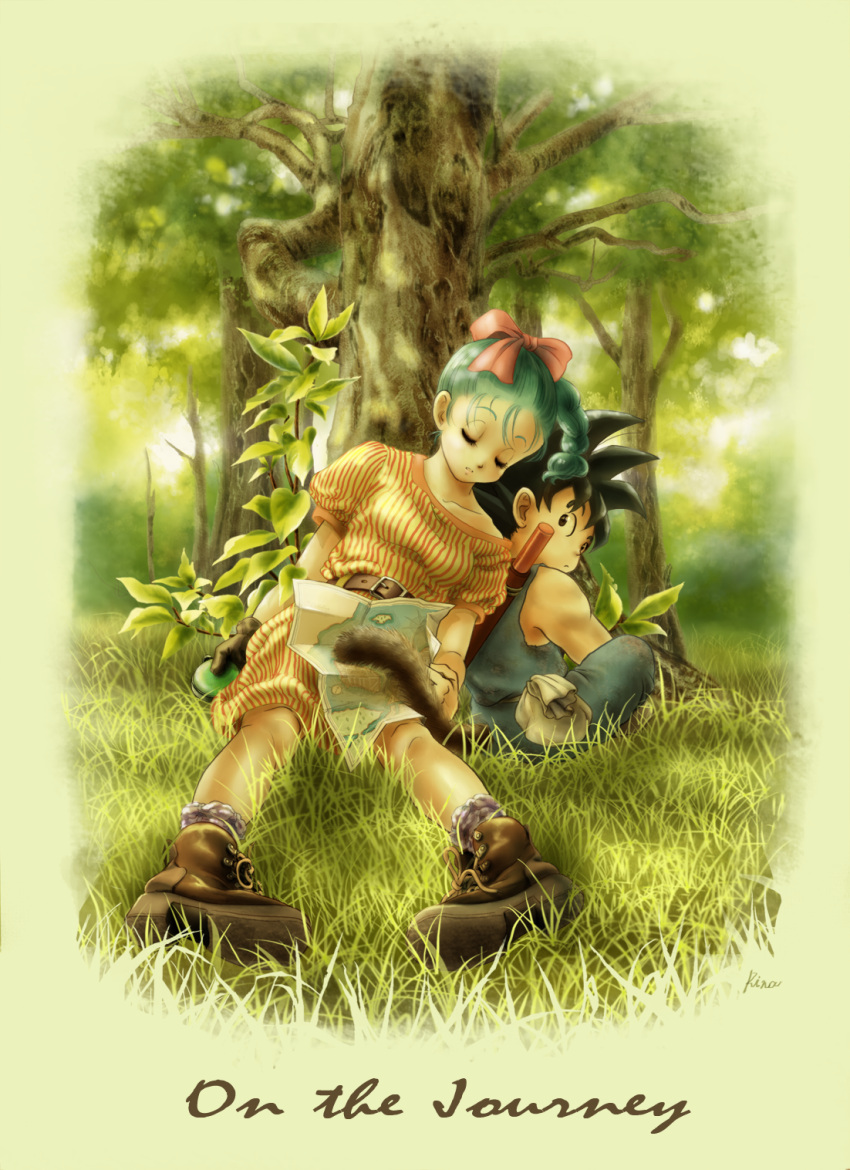 1boy 1girl ankle_boots belt black_hair boots bow braid bulma collarbone dragon_ball grass green_hair hair_bow highres leaning_on_person long_hair looking_at_another looking_back map signature single_braid sitting sleeping sleeping_upright son_gokuu spiky_hair staff tail tree uirina