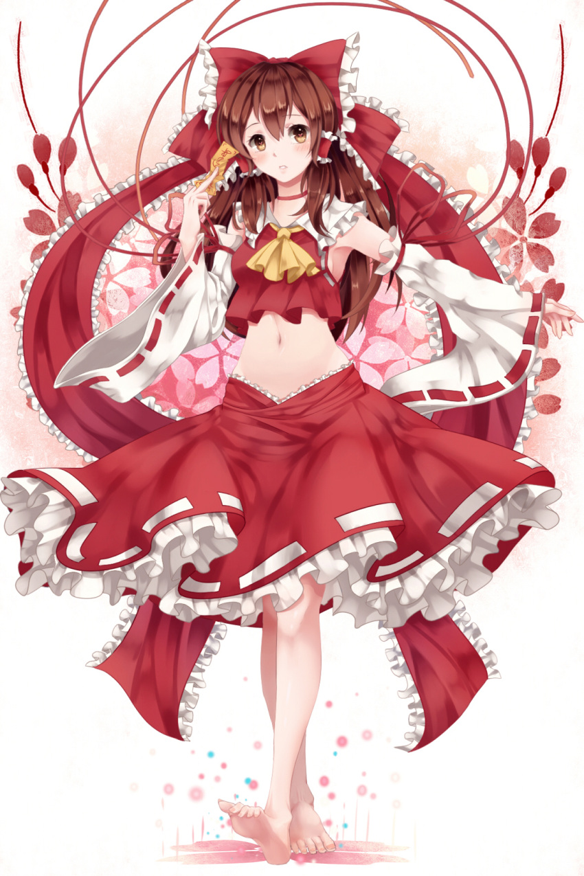 1girl ascot barefoot blush brown_eyes brown_hair crop_top crop_top_overhang detached_sleeves frilled_skirt frills full_body gradient gradient_background hair_ribbon hair_tubes hakurei_reimu highres japanese_clothes long_hair long_sleeves looking_at_viewer mamemena midriff miko navel ofuda outstretched_arm parted_lips ribbon skirt skirt_set solo touhou wide_sleeves