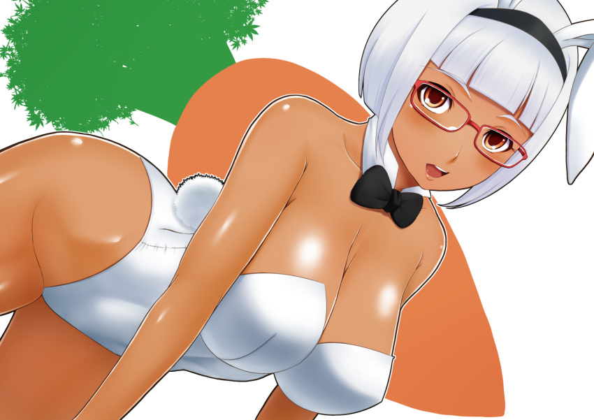 1girl animal_ears blush breasts bunny_tail bunnysuit cleavage dark_skin detached_collar glasses looking_at_viewer open_mouth original rabbit_ears short_hair silver_hair solo tail tomatto_(@ma!)