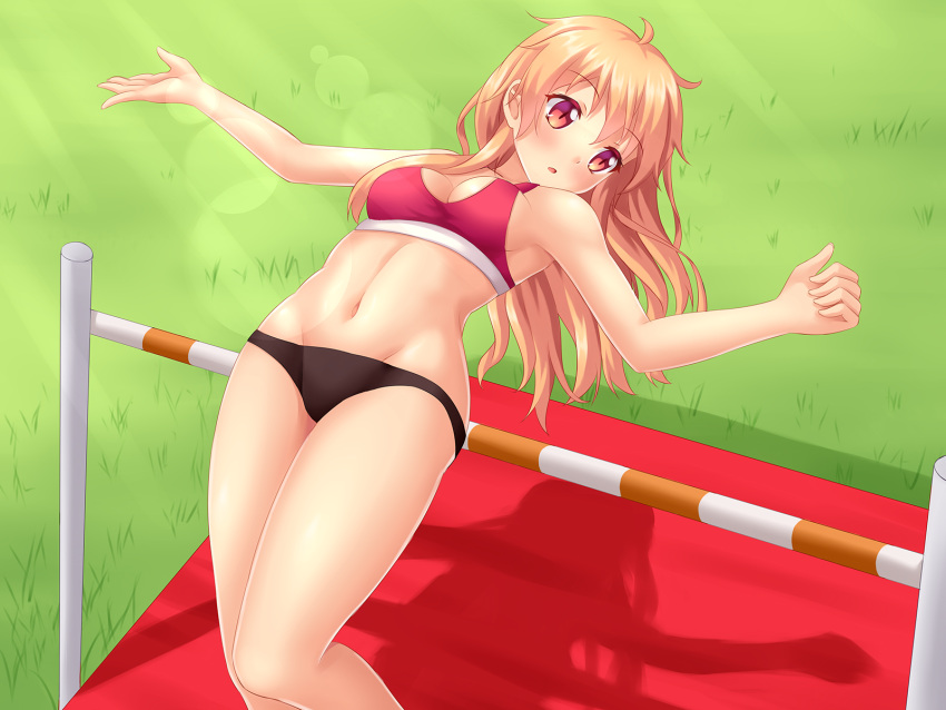 1girl bangs blonde_hair breasts buruma cleavage fast-runner-2024 grass groin high_jump highres long_hair midriff original outstretched_arms red_eyes shadow sideboob sleeveless solo spread_arms tiffy