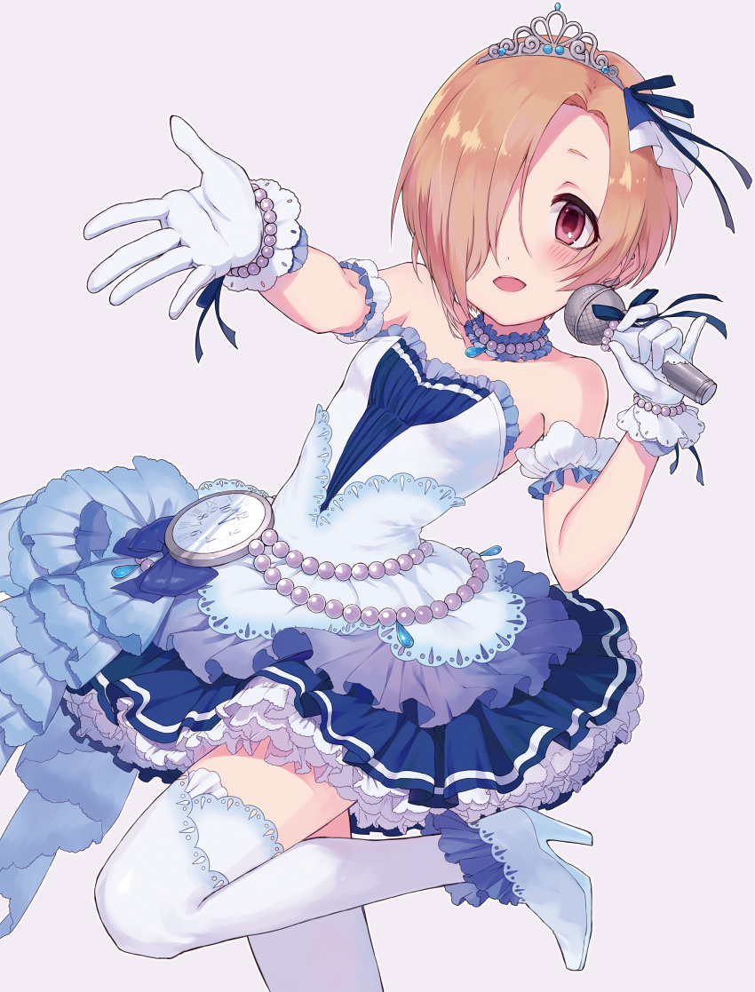 1girl absurdres bags_under_eyes bare_shoulders blonde_hair blush dress earrings gloves hair_over_one_eye highres idolmaster idolmaster_cinderella_girls jewelry looking_at_viewer microphone necklace open_mouth pearl_necklace red_eyes shirasaka_koume short_hair smile solo tamaext thigh-highs tiara white_dress white_gloves white_legwear