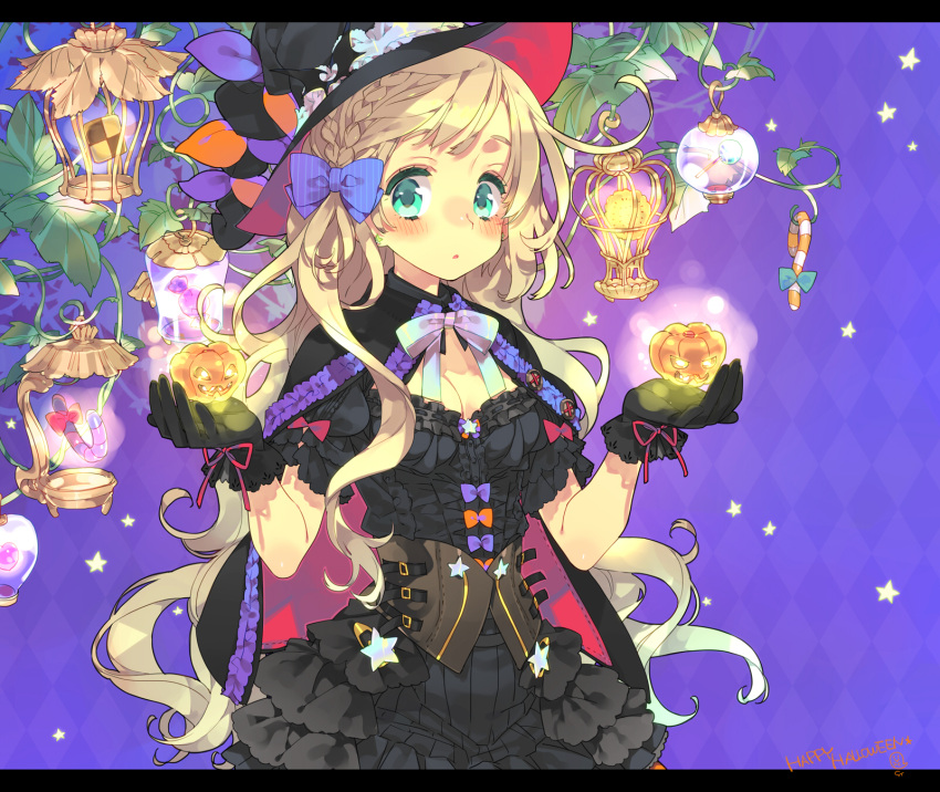 1girl aqua_eyes argyle argyle_background bangs belt black_dress black_gloves black_hat blonde_hair bow braid breasts buttons cage candy candy_cane cape cleavage cookie corset d: dress earrings english floating_object food frills gloves glowing halloween happy_halloween hat highres jack-o'-lantern jewelry lamp leaf letterboxed lollipop long_hair looking_to_the_side open_mouth orange_bow original pink_bow pink_ribbon purple_background purple_bow ribbon short_sleeves solo star star_earrings text toujou_sakana upper_body very_long_hair vines white_bow witch_hat