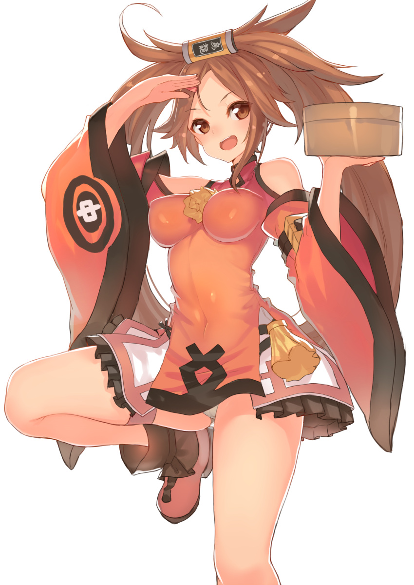 1girl arm_up bamboo_steamer bare_shoulders blush breasts brown_eyes brown_hair china_dress chinese_clothes detached_sleeves guilty_gear guilty_gear_xrd hair_tubes highres kame^^ kuradoberi_jam large_breasts leg_up long_hair open_mouth panties salute skirt smile solo standing_on_one_leg underwear very_long_hair white_panties wide_sleeves