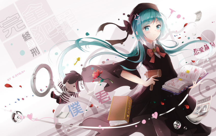 1girl anger_vein aqua_eyes aqua_hair blush book cuffs gavel handcuffs hatsune_miku heart highres k.syo.e+ long_hair looking_at_viewer pantyhose prison_clothes ren'ai_saiban_(vocaloid) ribbon solo twintails vocaloid