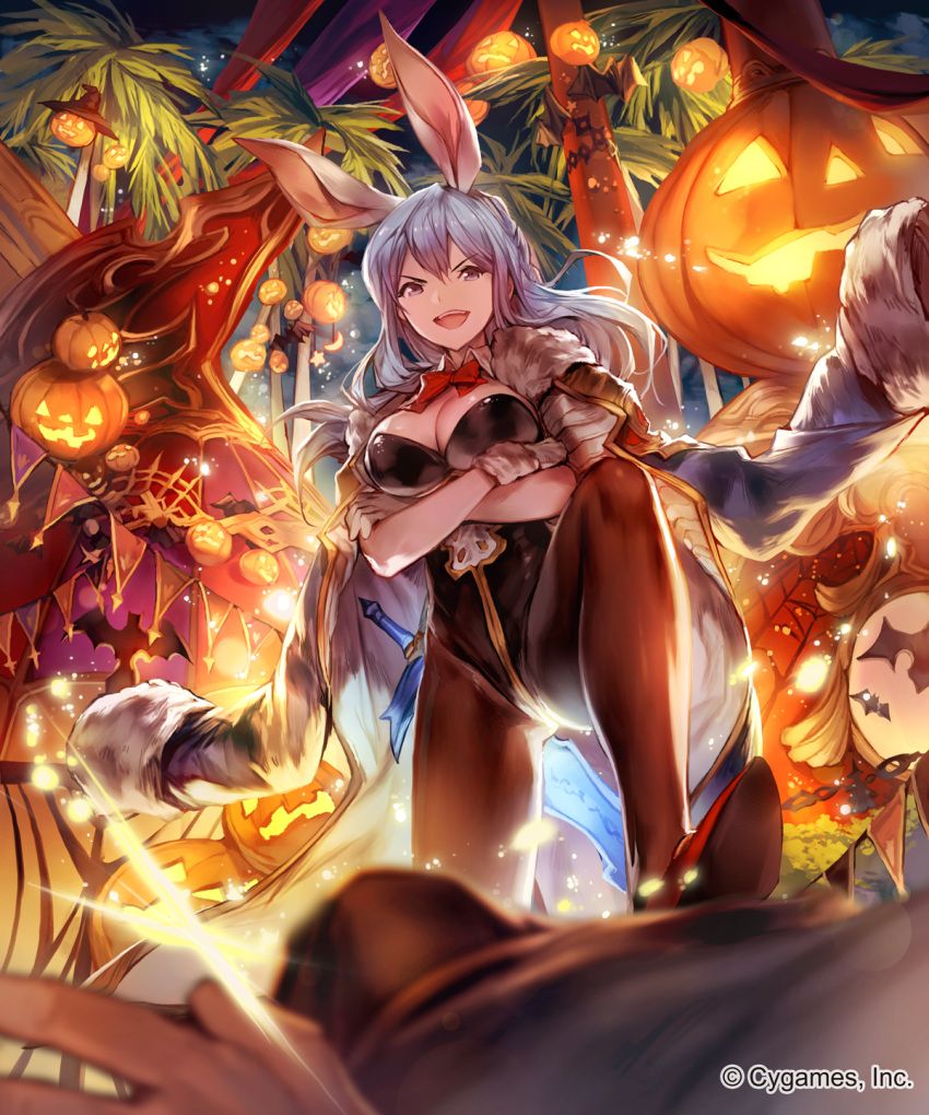 1girl :d animal_ears ass_visible_through_thighs bangs black_legwear blue_eyes blue_hair bow bowtie breasts bunnysuit chain cleavage crescent crossed_arms detached_collar fake_animal_ears gloves granblue_fantasy halloween hat hat_removed headwear_removed highres jack-o'-lantern jacket_on_shoulders lamp lee_hyeseung long_hair looking_at_viewer night night_sky official_art open_mouth palm_tree pantyhose pov pumpkin rabbit_ears red_bow red_shoes shingeki_no_bahamut shoes silk sky smile solo_focus spider_web star stepped_on string_of_flags sword therese_(granblue_fantasy) tree weapon witch_hat