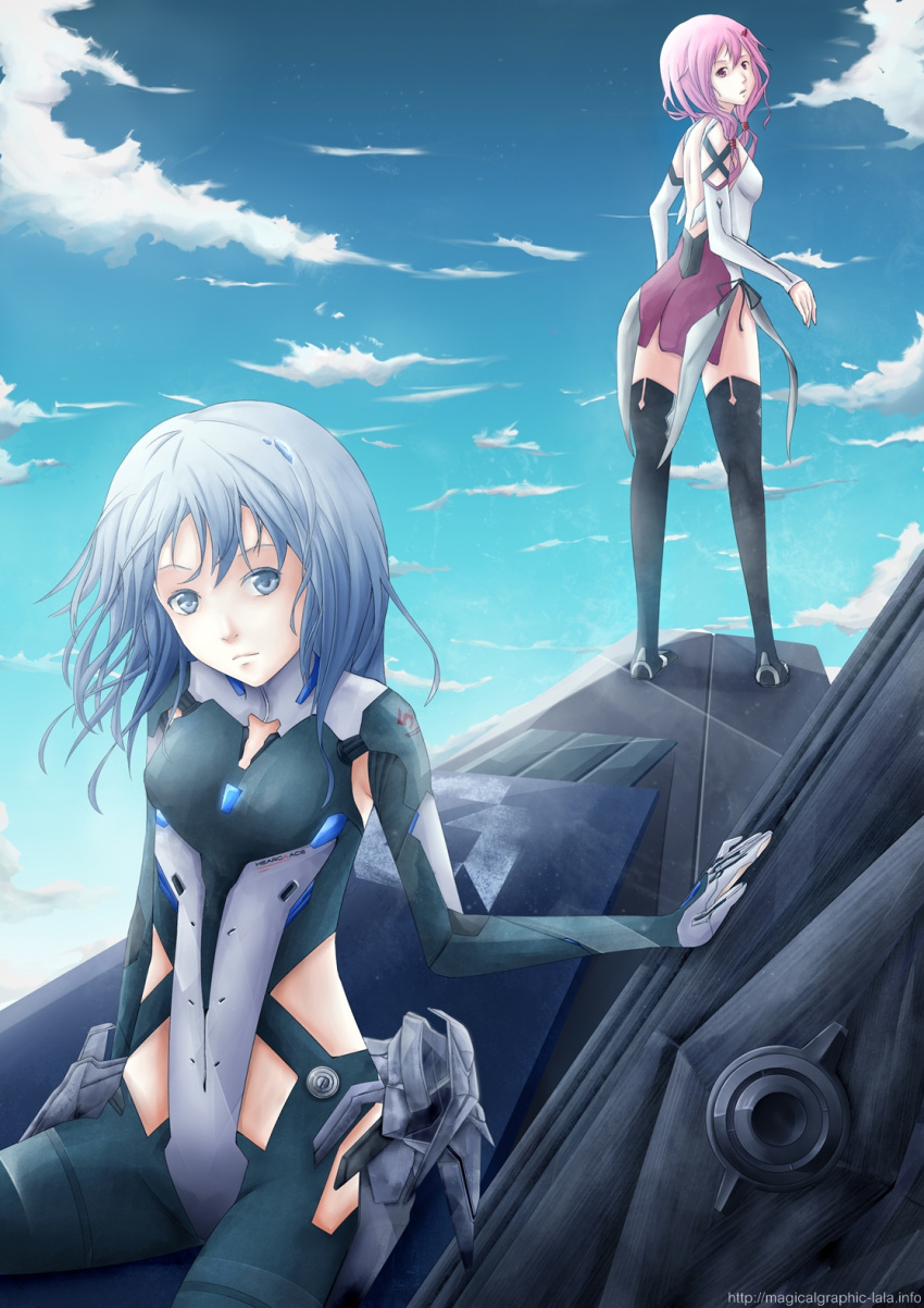 2girls back bare_shoulders beatless black_legwear blue_eyes blue_hair bodysuit creator_connection detached_sleeves guilty_crown hair_ornament hairclip highres lansfield leicia long_hair looking_at_viewer looking_back multiple_girls open_mouth pink_hair red_eyes short_hair thigh-highs twintails yuzuriha_inori