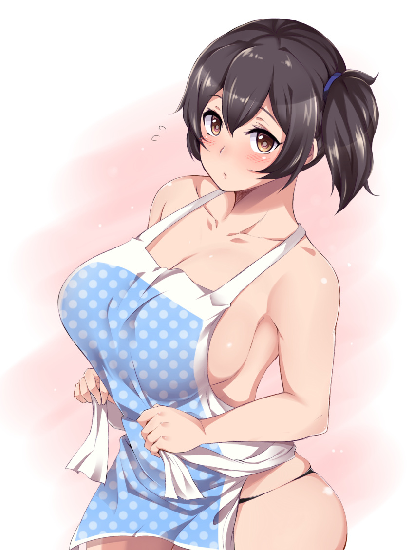 1girl apron breasts brown_hair highres kaga_(kantai_collection) kantai_collection long_hair moisture_(chichi) naked_apron plump side_ponytail solo