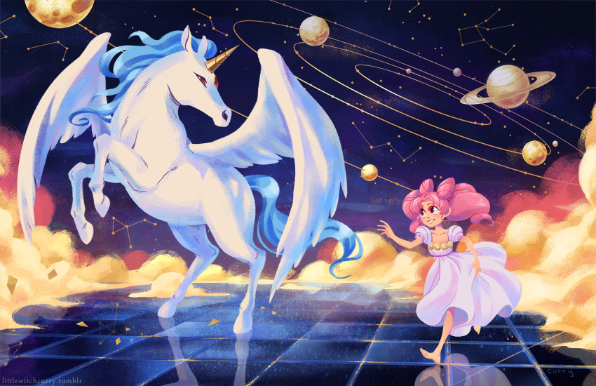 1girl barefoot bishoujo_senshi_sailor_moon chibi_usa christina_gardner collarbone constellation double_bun dress forehead_jewel horn horse pegasus_(sailor_moon) pink_hair planet red_eyes reflective_floor saturn skirt_hold small_lady_serenity space twintails white_dress wings